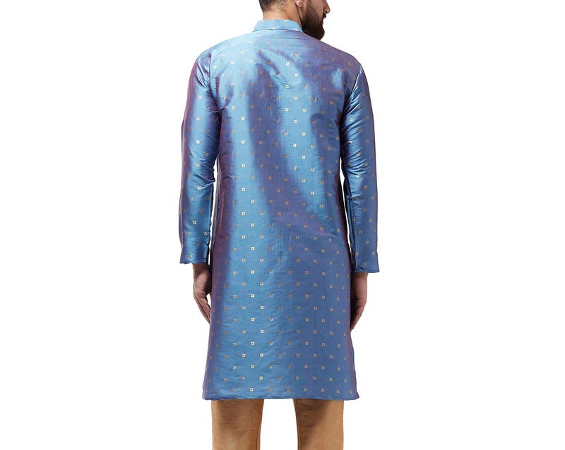 Sojanya (Since 1958 Men'S Silk Blend Light Blue Printed Only Long Kurta, Size 40 - Image 2